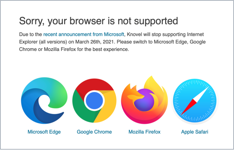 Screenshot of splash page instructing user to update to a supported browser
